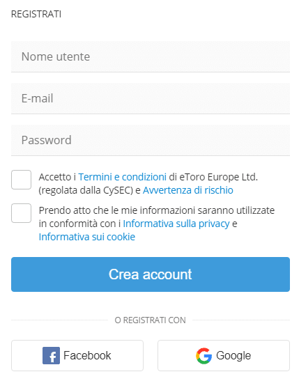 registrazione del conto demo dati personali