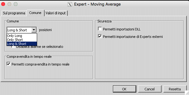 Parametri di impostazione dell'EA Moving Average