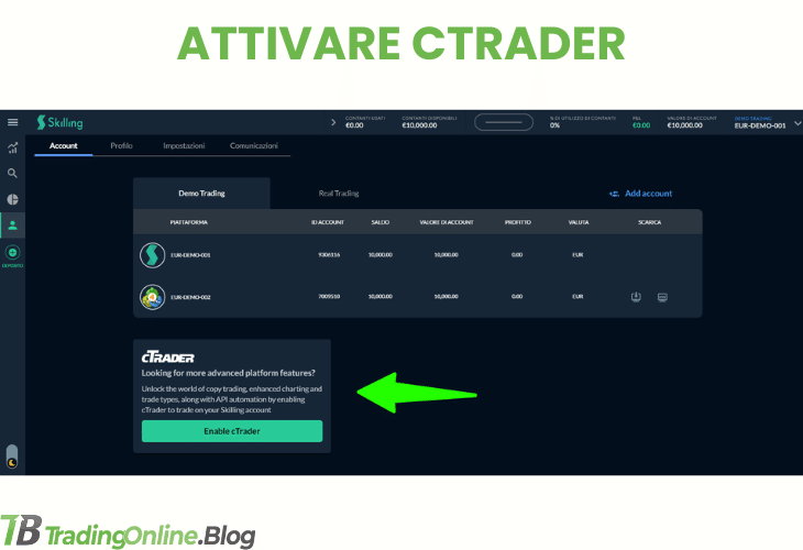 screenshot della piattaforma di Skilling per l'attivazione di cTrader