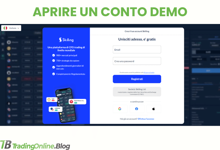 screenshot della procedura di registrazione di un conto demo su Skilling